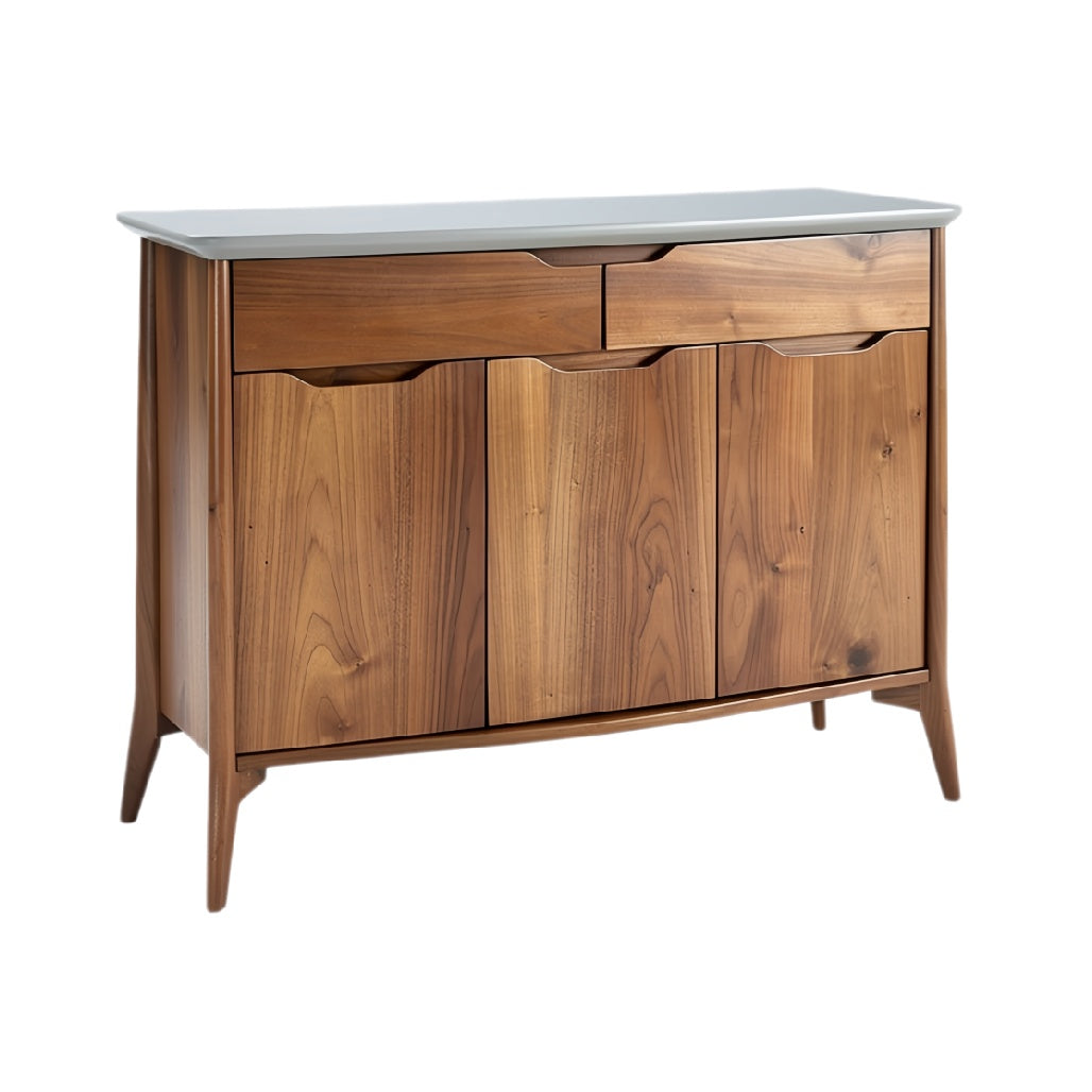 Moderne houten kast met glazen bovenblad en lades